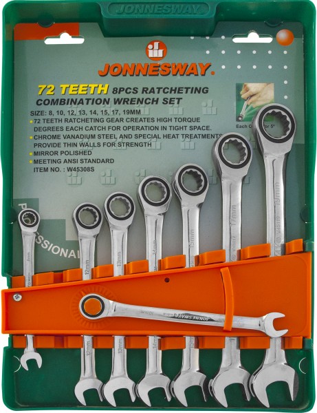 Набор ключей гаечных комбинированных трещоточных на держателе, 8-19 мм, 8 предметов Jonnesway W45308S - фото